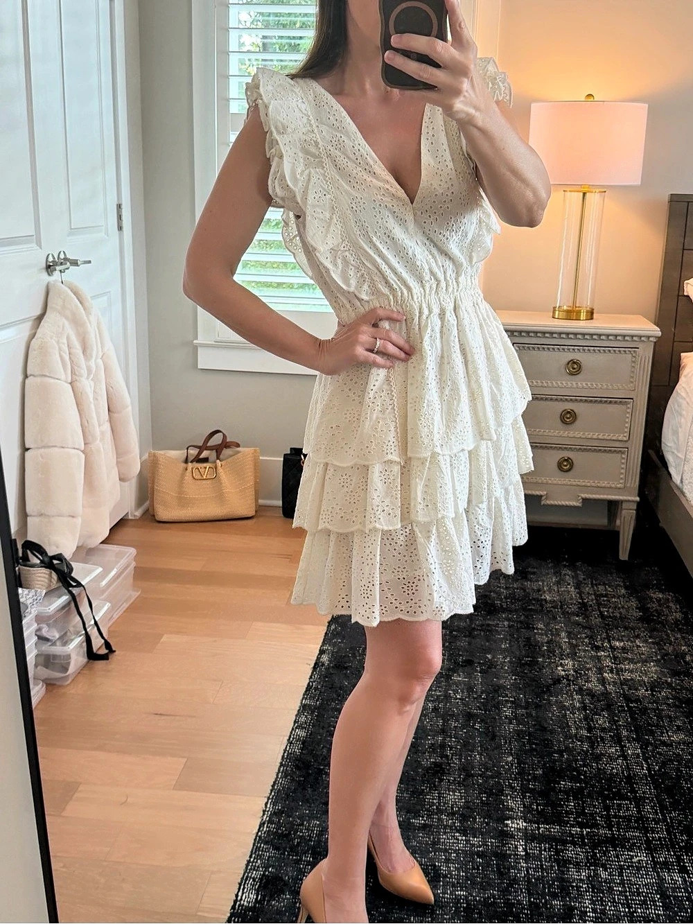 love the label Tiered Eyelet Ruffle Mini Dress White Small